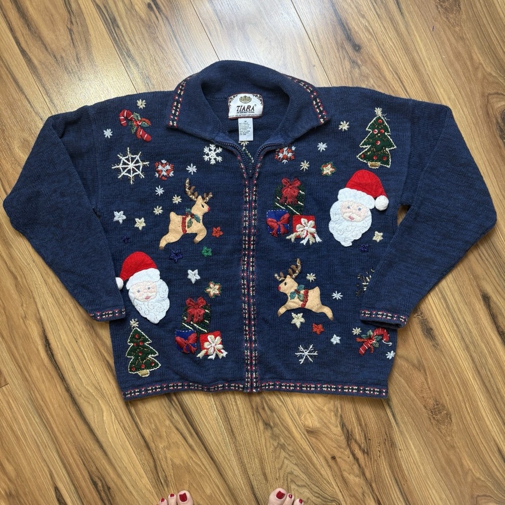 Vtg Tiara‎ Christmas Sweater Sz M Full Zip Cardigan Santa Reindeer Gifts Tree